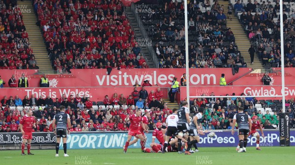 180519 - Ospreys v Scarlets, Guinness PRO14 European Play Off - Scarlets and Ospreys fans watch the match from the North Stand of the Liberty Stadium
