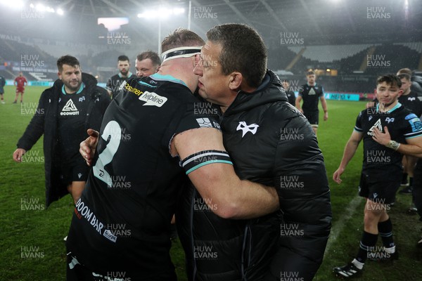 261123 - Ospreys v Scarlets - United Rugby Championship - Dewi Lake and Ospreys Head Coach Toby Booth at full time