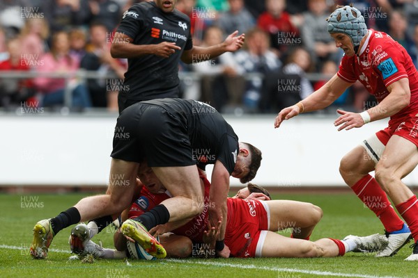 300422 - Ospreys v Scarlets - United Rugby Championship - Gareth Davies of Scarlets scores a try