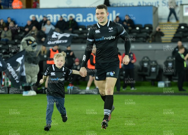 160218 - Ospreys v Southern Kings - Guinness PRO14 - Tom Habberfield of Ospreys leads out his side with mascot