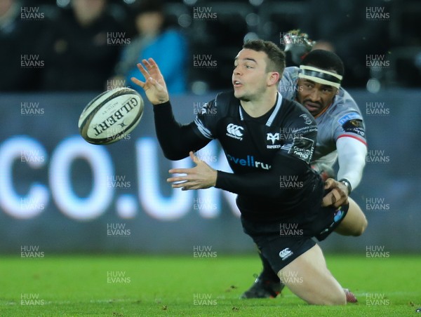 160218 - Ospreys v Southern Kings, Guinness PRO14 - Tom Habberfield of Ospreys is tackled by Andisa Ntsila of Southern Kings