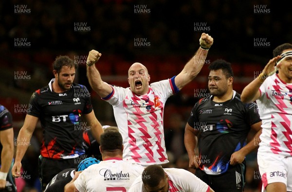 020417 - Ospreys v Stade Francais - European Rugby Challenge Cup - Anotone Burban of Stade Francais celebrates at the final whistle