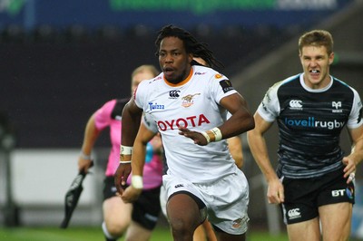 080918 - Ospreys v Edinburgh - GuinnessPro14 - William Small-Smith of Cheetahs chases his own kick to score a try