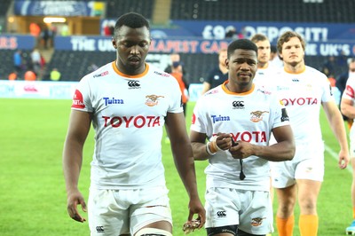 080918 - Ospreys v Edinburgh - GuinnessPro14 - JP Du Preez and Malcom Jaer of Cheetahs leave the field dejected at the end of the game