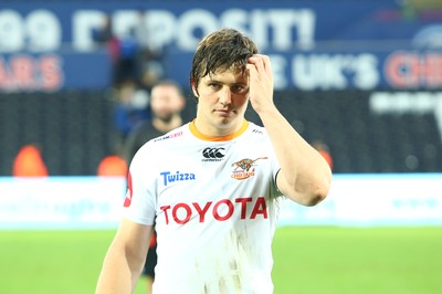 080918 - Ospreys v Edinburgh - GuinnessPro14 - Bernhard Janse Van Rensburg of Cheetahs leaves the field dejected at the end of the game