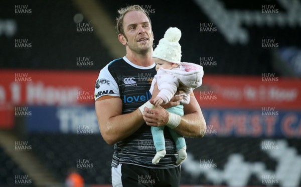 080918 - Ospreys v Toyota Cheetahs - Guinness PRO14 - Alun Wyn Jones of Ospreys with his baby daughter at full time