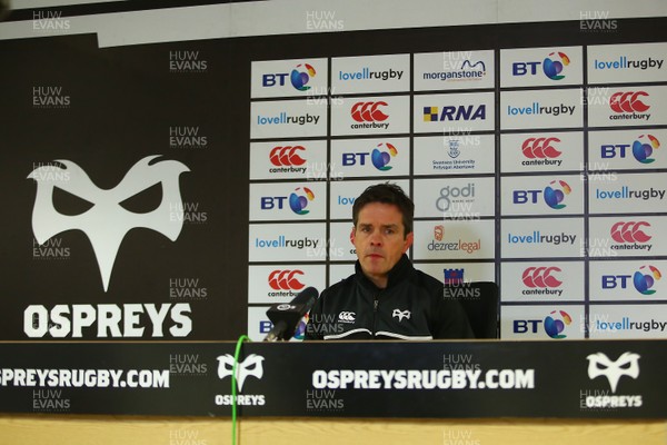 240218 - Ospreys v Toyota Cheetahs - GuinnessPro14 - Head coach of Ospreys Allen Clarke talks to the press after the game