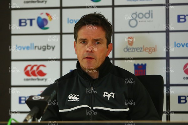 240218 - Ospreys v Toyota Cheetahs - GuinnessPro14 - Head coach of Ospreys Allen Clarke talks to the press after the game