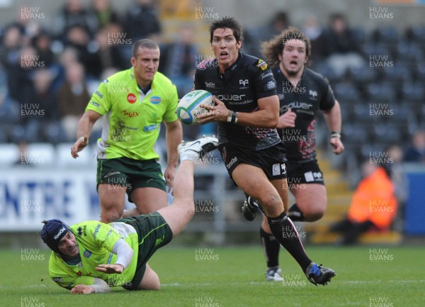 06.12.08 - Ospreys v Benetton Treviso - Heineken Cup - Ospreys James Hook beats Treviso's Silvio Orlando(ground). 