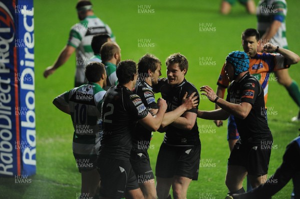 130413 - Ospreys v Treviso - RaboDirect PRO12 -Dan Biggar of Ospreys celebrates try 