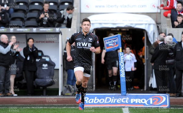 160214 - Ospreys v Treviso - RaboDirect PRO12 -Rhys Webb runs out for his 100th match for the Ospreys