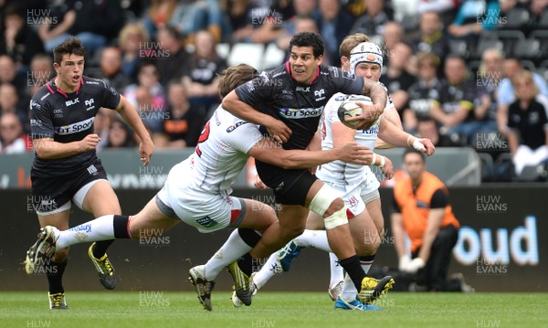 070516 - Ospreys v Ulster - Guinness PRO12 -Josh Matavesi of Ospreys is tackled by Stuart McCloskey of Ulster