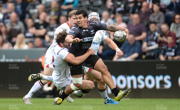 070516 - Ospreys v Ulster - Guinness PRO12 -Josh Matavesi of Ospreys is tackled by Stuart McCloskey of Ulster