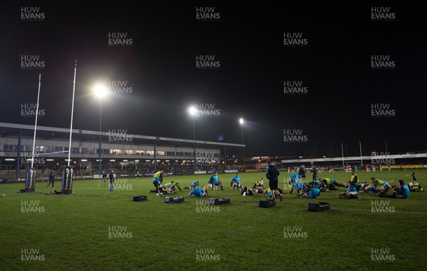 150219 - Ospreys v Ulster, Guinness PRO14 -  Ospreys players warm up at the Brewery Field ahead of the match against Ulster