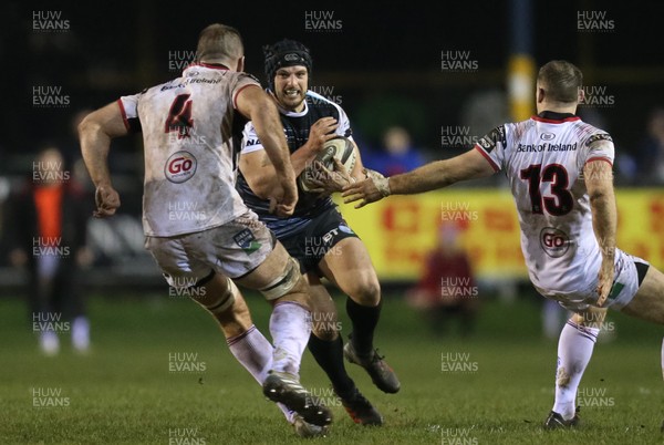 150219 - Ospreys v Ulster, Guinness PRO14 -  Dan Evans of Ospreys takes on Alan O'Connor of Ulster and Darren Cave of Ulster