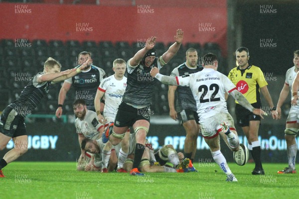 150220 - Ospreys v Ulster - GuinnessPro14 - Bill Johnston of Ulster has his drop kick charged down by Aled Davies(L) and Adam Beard of Ospreys