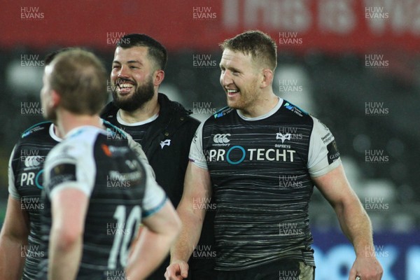 150220 - Ospreys v Ulster - GuinnessPro14 - Gareth Evans(L) and Bradley Davies of Ospreys are all smiles at the end of the game
