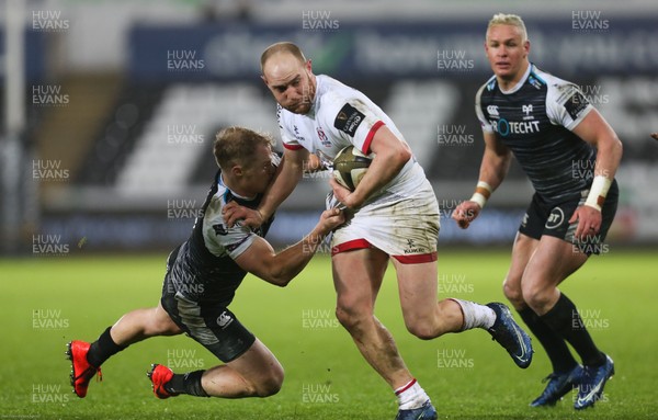 150220 - Ospreys v Ulster Rugby, Guinness PRO14 - Matt Faddes of Ulster takes on Aled Davies of Ospreys