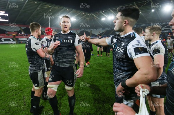 150220 - Ospreys v Ulster Rugby, Guinness PRO14 - Bradley Davies of Ospreys and Tiaan Thomas-Wheeler of Ospreys celebrate at the end of the match