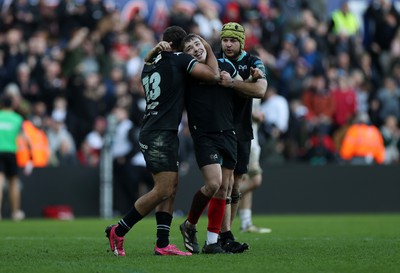 180224 - Ospreys v Ulster - United Rugby Championship - Dan Edwards of Ospreys celebrates at full time after kicking the match winning drop goal