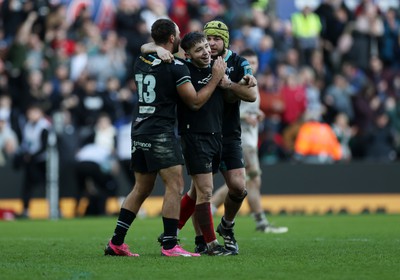 180224 - Ospreys v Ulster - United Rugby Championship - Dan Edwards of Ospreys celebrates at full time after kicking the match winning drop goal