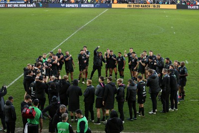 180224 - Ospreys v Ulster - United Rugby Championship - Ospreys Head Coach Toby Booth and the Ospreys celebrate in the team huddle