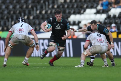 180224 - Ospreys v Ulster, United Rugby Championship - James Ratti of Ospreys takes on Marcus Rea of Ulster and Nick Timoney of Ulster