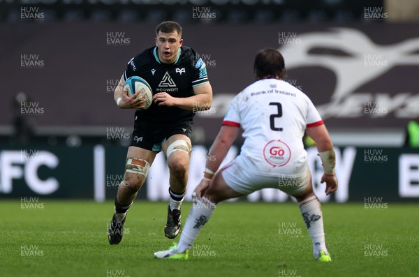 180224 - Ospreys v Ulster - United Rugby Championship - Morgan Morse of Ospreys is challenged by John Andrew of Ulster 
