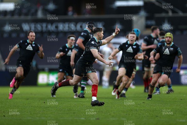 180224 - Ospreys v Ulster - United Rugby Championship - Dan Edwards of Ospreys celebrates kicking a drop goal in the last seconds of the game to win the match