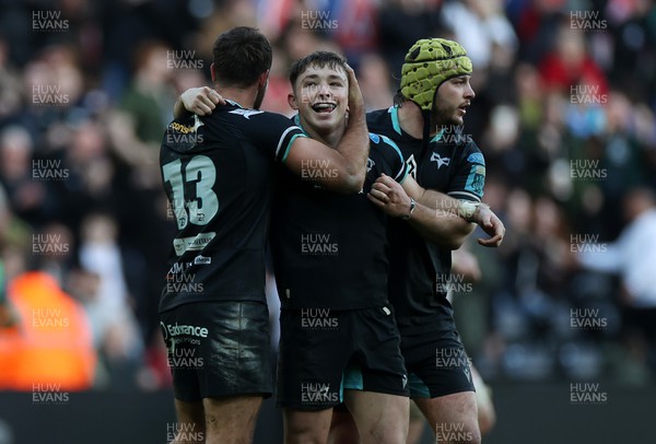 180224 - Ospreys v Ulster - United Rugby Championship - Dan Edwards of Ospreys celebrates at full time after kicking the match winning drop goal