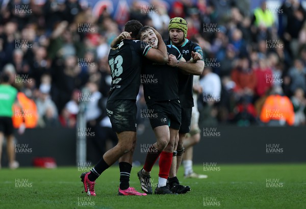 180224 - Ospreys v Ulster - United Rugby Championship - Dan Edwards of Ospreys celebrates at full time after kicking the match winning drop goal