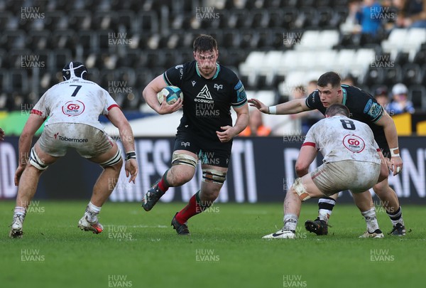 180224 - Ospreys v Ulster, United Rugby Championship - James Ratti of Ospreys takes on Marcus Rea of Ulster and Nick Timoney of Ulster