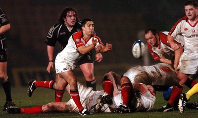 211005 - Ospreys v Ulster - Celtic League - Ulster's Kieran Campbell feeds ball out to his backs