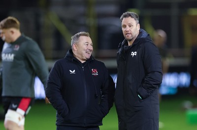 280226 - Ospreys v Ulster Rugby, United Rugby Championship - Ulster head coach Richie Murphy and Ospreys head coach Mark Jones chat ahead of the match