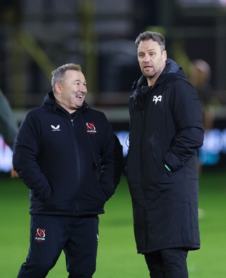 280226 - Ospreys v Ulster Rugby, United Rugby Championship - Ulster head coach Richie Murphy and Ospreys head coach Mark Jones chat ahead of the match