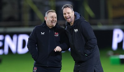 280226 - Ospreys v Ulster Rugby, United Rugby Championship - Ulster head coach Richie Murphy and Ospreys head coach Mark Jones chat ahead of the match