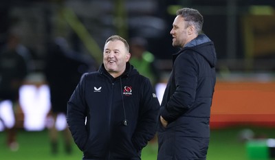 280226 - Ospreys v Ulster Rugby, United Rugby Championship - Ulster head coach Richie Murphy and Ospreys head coach Mark Jones chat ahead of the match