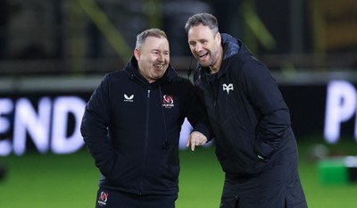 280226 - Ospreys v Ulster Rugby, United Rugby Championship - Ulster head coach Richie Murphy and Ospreys head coach Mark Jones chat ahead of the match