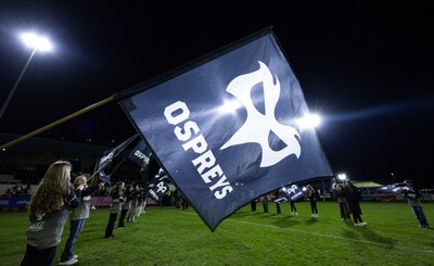 280226 - Ospreys v Ulster Rugby, United Rugby Championship - Ospreys flag held aloft by the guard of honour