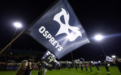280226 - Ospreys v Ulster Rugby, United Rugby Championship - Ospreys flag held aloft by the guard of honour