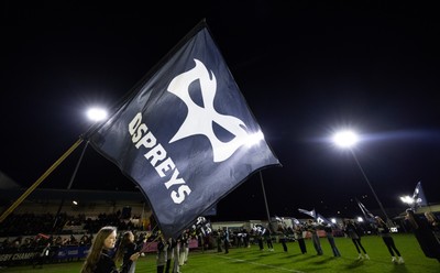 280226 - Ospreys v Ulster Rugby, United Rugby Championship - Ospreys flag held aloft by the guard of honour