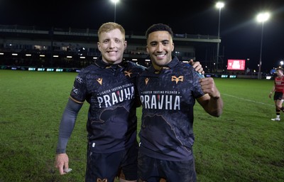 280226 - Ospreys v Ulster Rugby, United Rugby Championship - Iestyn Hopkins of Ospreys and Keelan Giles of Ospreys at the end of the match