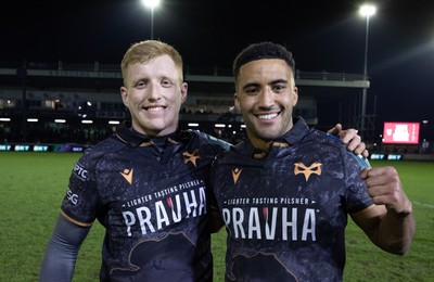 280226 - Ospreys v Ulster Rugby, United Rugby Championship - Iestyn Hopkins of Ospreys and Keelan Giles of Ospreys at the end of the match