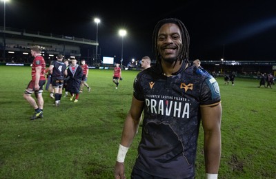 280226 - Ospreys v Ulster Rugby, United Rugby Championship - Dan Kasende of Ospreys at the end of the match
