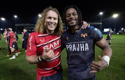 280226 - Ospreys v Ulster Rugby, United Rugby Championship - Werner Kok of Ulster and Dan Kasende of Ospreys at the end of the match