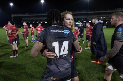 280226 - Ospreys v Ulster Rugby, United Rugby Championship - Werner Kok of Ulster and Dan Kasende of Ospreys at the end of the match