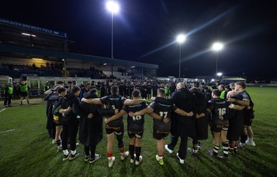 280226 - Ospreys v Ulster Rugby, United Rugby Championship - Ospreys huddle up at the end of the match