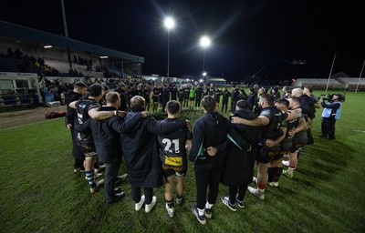 280226 - Ospreys v Ulster Rugby, United Rugby Championship - Ospreys huddle up at the end of the match