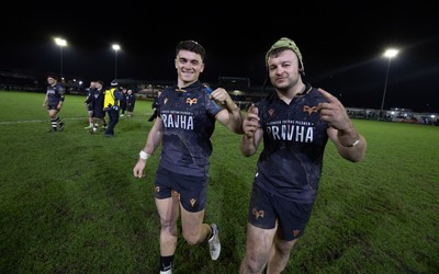 280226 - Ospreys v Ulster Rugby, United Rugby Championship - Reuben Morgan-Williams of Ospreys and Harri Deaves of Ospreys at the end of the match