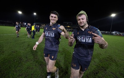 280226 - Ospreys v Ulster Rugby, United Rugby Championship - Reuben Morgan-Williams of Ospreys and Harri Deaves of Ospreys at the end of the match
